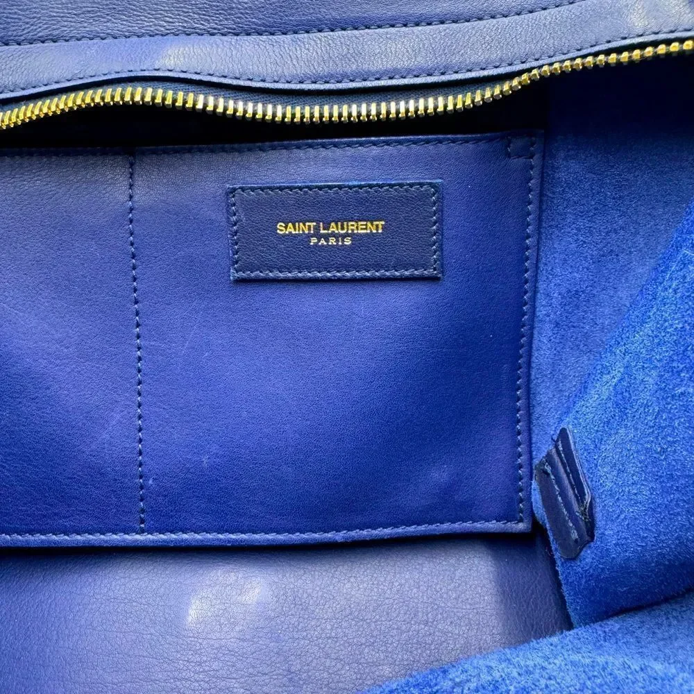 Auth Saint Laurent Small Classic Ligne Y Blue Leather Paris Chyc Cabas Tote 2way